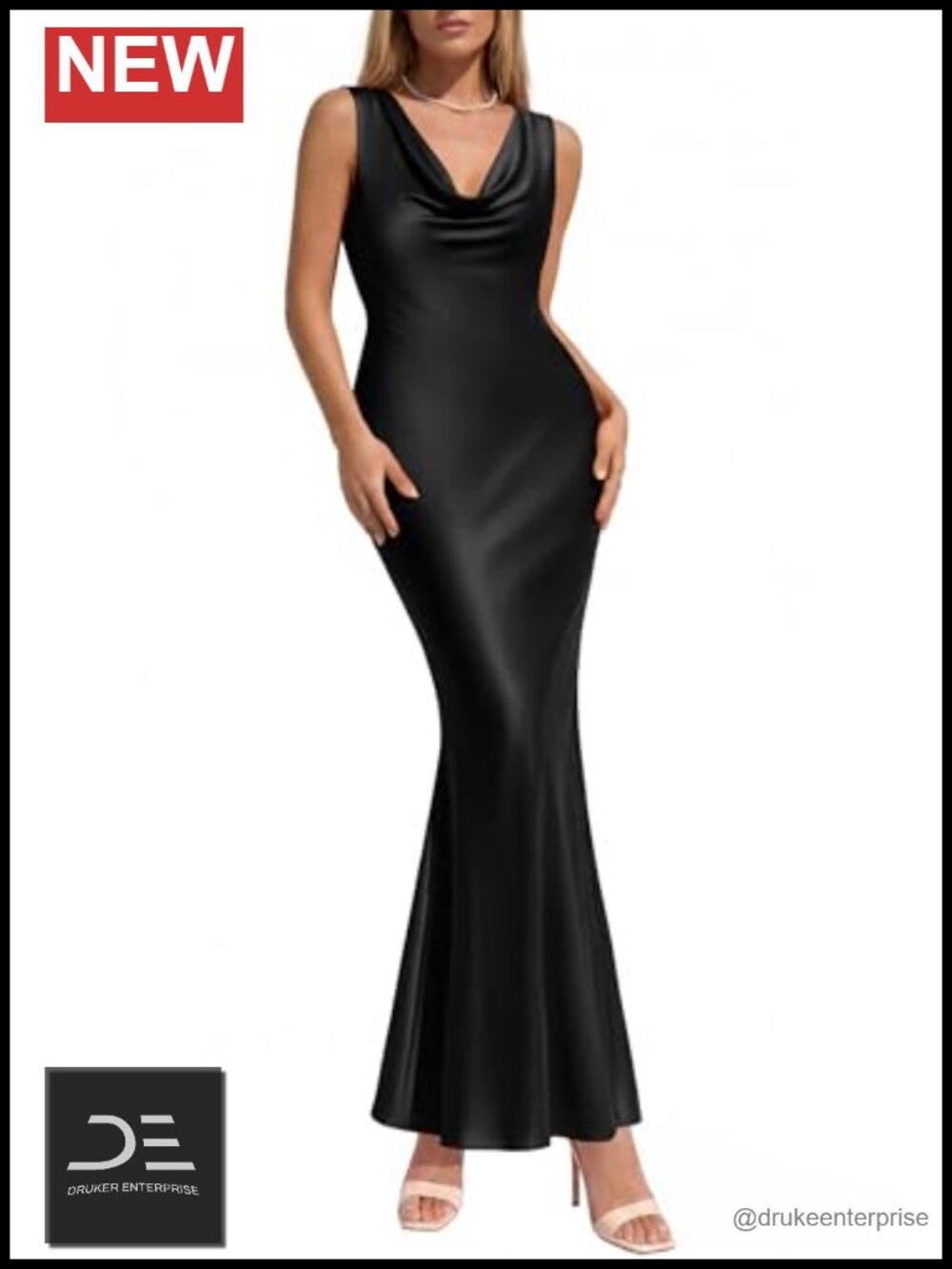 Satin Maxi Dress Cowl Neck Sleeveless Bodycon Mermaid Hem Formal Wedding Guest